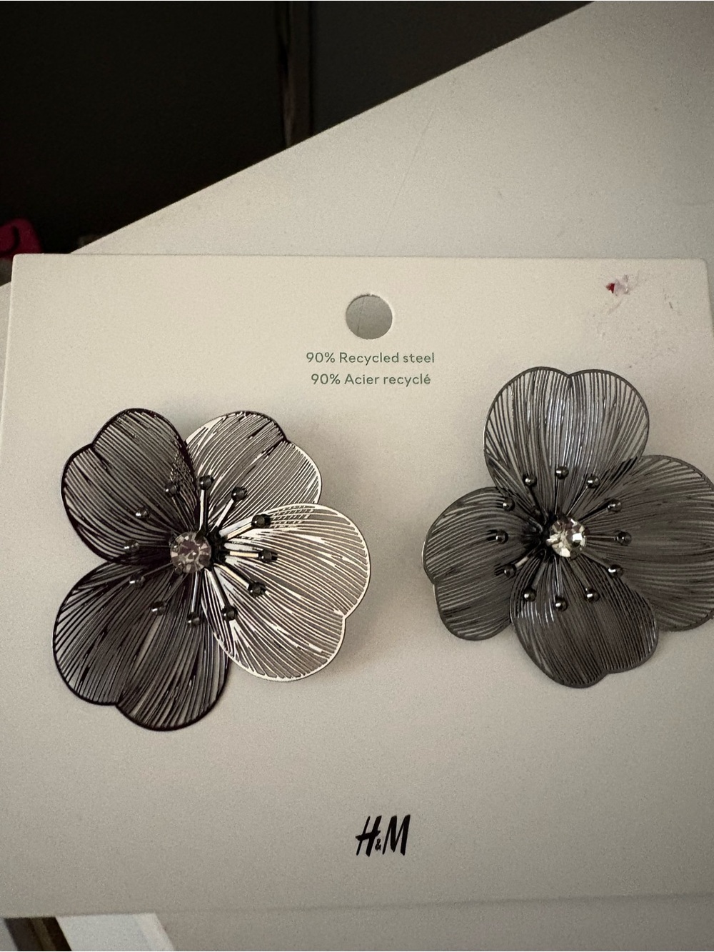 H&M Silver Gunmetal Floral Stud Earrings with Crystal Centers